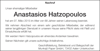 Anzeige von Anastasios Hatzopoulos von Schwäbische Zeitung