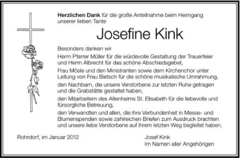 Anzeige von Josefine Kink von Schwäbische Zeitung