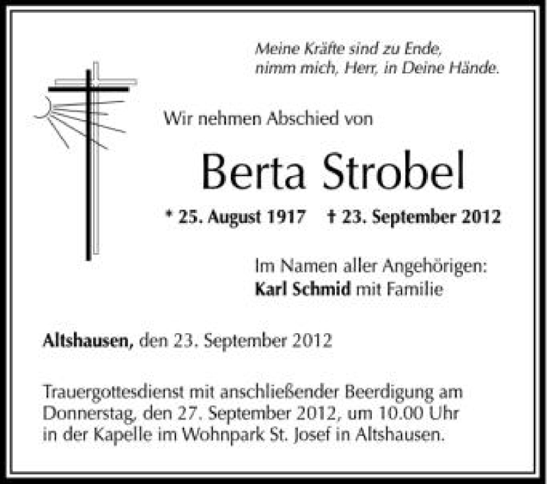 Traueranzeigen Von Berta Strobel Schwaebische De Trauerportal