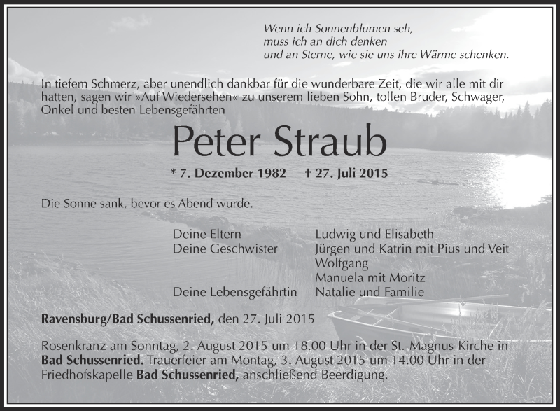  Traueranzeige für Peter Straub vom 31.07.2015 aus Schwäbische Zeitung