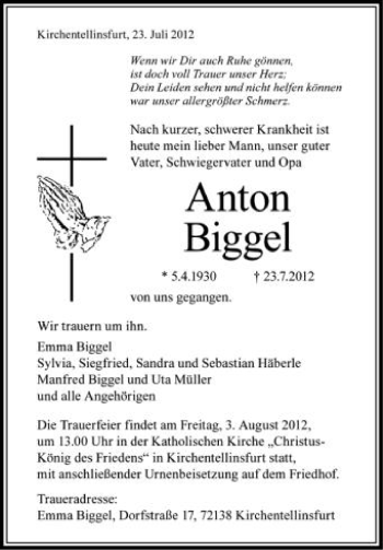 Anzeige von Anton Biggel von Schwäbische Zeitung