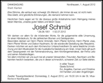 Anzeige von Josef Schmid von Schwäbische Zeitung