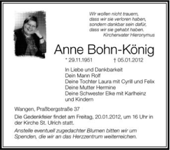 Anzeige von Anne Bohn-König von Schwäbische Zeitung