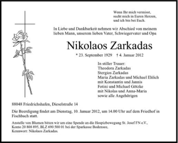 Anzeige von Nikolaos Zarkadas von Schwäbische Zeitung