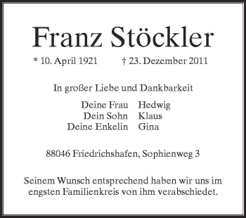 Anzeige von Franz Stöckler von Schwäbische Zeitung