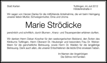 Anzeige von Marie Strödicke von Schwäbische Zeitung