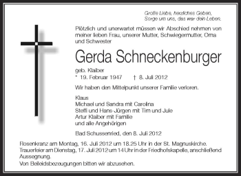 Anzeige von Gerda Schneckenburger von Schwäbische Zeitung