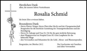 Anzeige von Rosalia Schmid von Schwäbische Zeitung