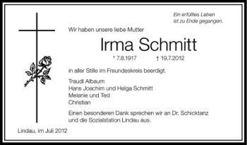 Anzeige von Irma Schmitt von Schwäbische Zeitung