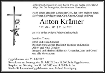 Anzeige von Anton Krämer von Schwäbische Zeitung