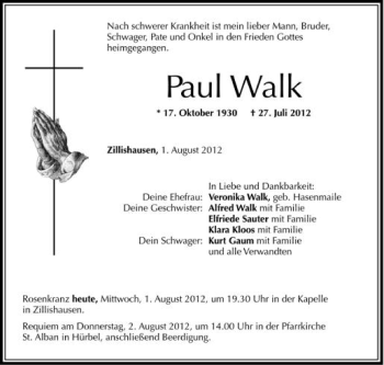 Anzeige von Paul Walk von Schwäbische Zeitung