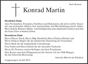 Anzeige von Konrad Martin von Schwäbische Zeitung