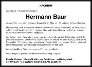 Anzeige von Hermann Baur von Schwäbische Zeitung