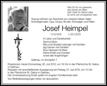 Anzeige von Josef Heimpel von Schwäbische Zeitung