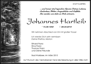 Anzeige von Johannes Hartleib von Schwäbische Zeitung