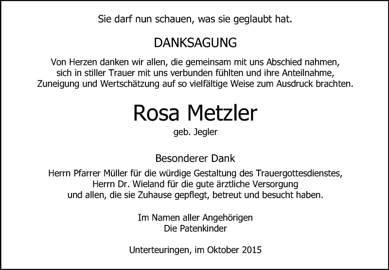 Traueranzeigen von Rosa Metzler | schwaebische.de Trauerportal