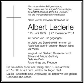 Anzeige von Albert Lederle von Schwäbische Zeitung