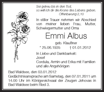Anzeige von Emmi Albus von Schwäbische Zeitung