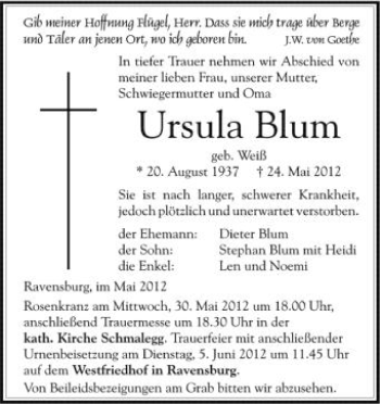 Anzeige von Ursula Blum von Schwäbische Zeitung