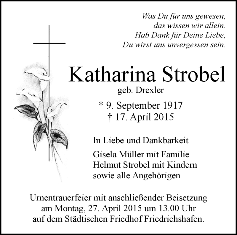 Traueranzeigen Von Katharina Strobel Schwaebische De Trauerportal