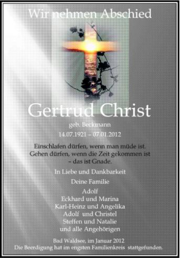 Anzeige von Gertrud Christ von Schwäbische Zeitung