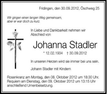 Anzeige von Johanna Stadler von Schwäbische Zeitung