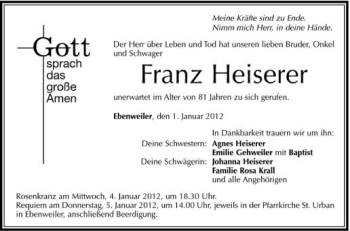 Anzeige von Franz Heiserer von Schwäbische Zeitung