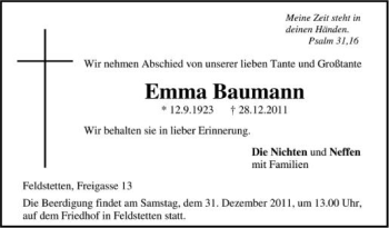 Anzeige von Emma Bauman von Schwäbische Zeitung