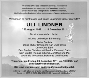 Anzeige von Uli Lindner von Schwäbische Zeitung