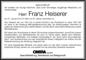 Anzeige von Franz Heiserer von Schwäbische Zeitung