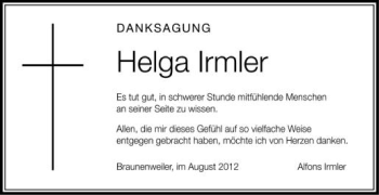 Anzeige von Helga Irmler von Schwäbische Zeitung