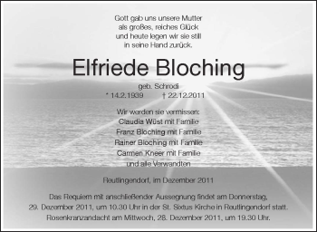 Anzeige von Elfriede Bloching von Schwäbische Zeitung