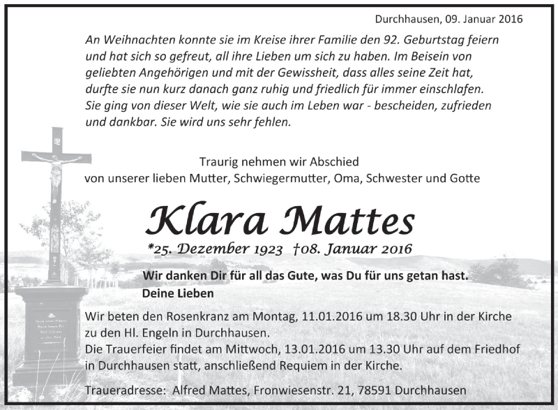 Traueranzeigen Von Klara Mattes Schwaebische De Trauerportal