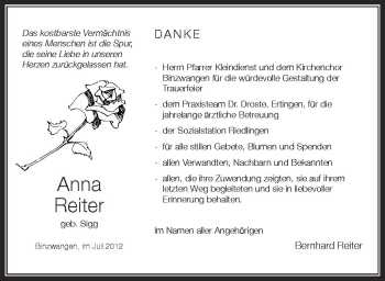 Anzeige von Anna Reiter von Schwäbische Zeitung