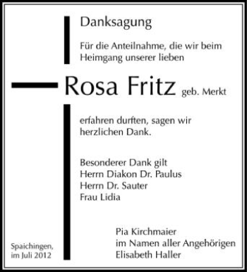 Anzeige von Rosa Fritz von Schwäbische Zeitung