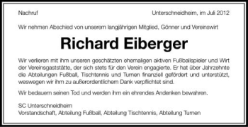 Anzeige von Richard Eiberger von Schwäbische Zeitung