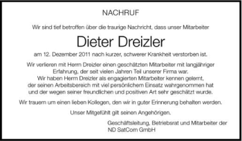 Anzeige von Dieter Dreizler von Schwäbische Zeitung