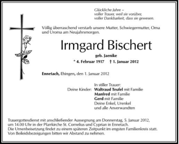 Anzeige von Irmgard Bischert von Schwäbische Zeitung