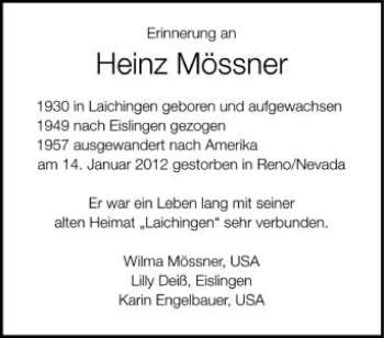 Anzeige von Heinz Mössner von Schwäbische Zeitung