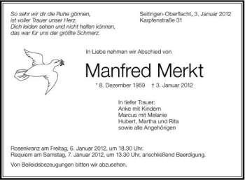 Anzeige von Manfred Merkt von Schwäbische Zeitung