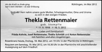 Anzeige von Thekla Rettenmaier von Schwäbische Zeitung