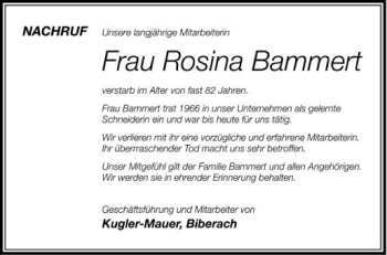 Anzeige von Rosina Bammert von Schwäbische Zeitung