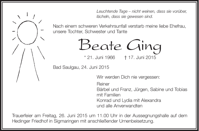  Traueranzeige für Beate Ging vom 24.06.2015 aus Schwäbische Zeitung