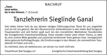 Anzeige von Sieglinde Ganal von Schwäbische Zeitung