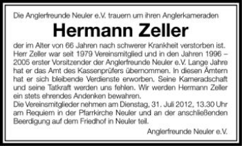 Anzeige von Hermann Zeller von Schwäbische Zeitung