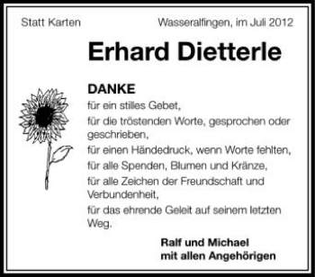 Anzeige von Erhard Dietterle von Schwäbische Zeitung