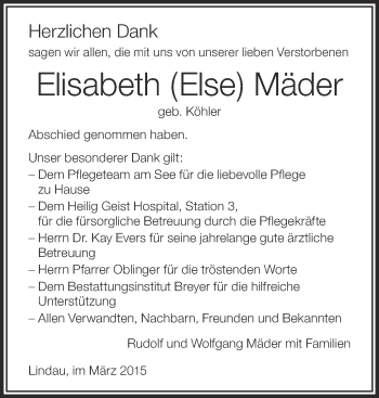 Anzeige von Elisabeth Mäder von Schwäbische Zeitung
