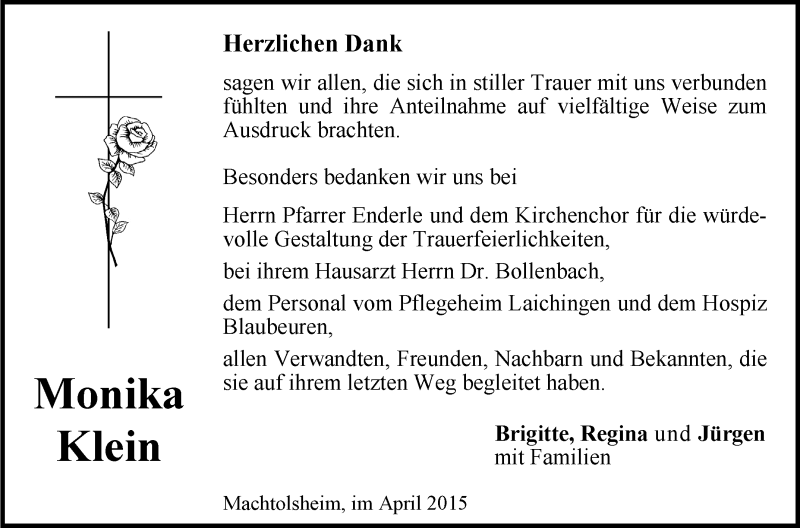  Traueranzeige für Monika Klein vom 16.04.2015 aus Schwäbische Zeitung