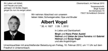 Anzeige von Albert Vogel von Schwäbische Zeitung