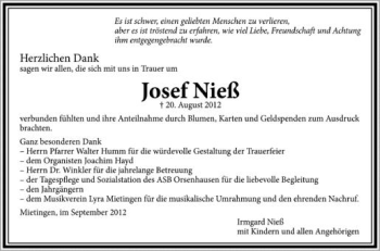 Anzeige von Josef Nieß von Schwäbische Zeitung